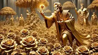 King Midas touches a rose in his garden, transforming it into solid gold as everything around him turns to gold.