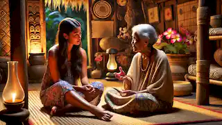 Lani and her grandmother talking in a traditional Hawaiian home filled with cultural artifacts