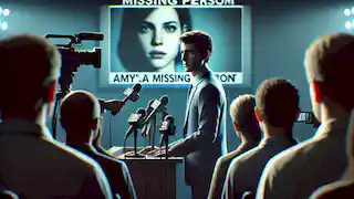 Nick at a press conference, standing somberly at a podium while screens behind him display Amy as a missing person.