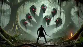 Thiago stands ready with his sword as the seven-headed dragon looms in the misty rainforest.