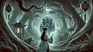 Mei-Ling confronts a tiger in a dense forest, holding a glowing jade amulet for protection.