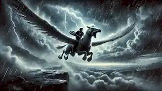 Tomas and the Hippogriff flying through a stormy sky, lightning flashing as they escape the king’s army.