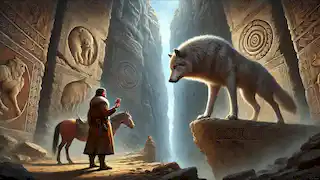 Turkyn faces a massive silver-gray wolf in a gorge with ancient carvings while her horse Karash waits nervously.