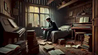 The lawyer, sitting in a small lodge, reading a book, surrounded by stacks of books and a piano.