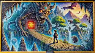 The Hidden Cave: Liam entering the hidden cave inside the mountain, facing intricate puzzles and fearsome creatures. The scene is vibrant with detailed textures, showing the dark, mysterious cave and its dangers.