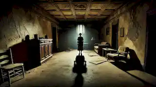 Inside a dimly lit room, Lucy stands facing the corner where a shadow begins to form, creating a tense atmosphere.