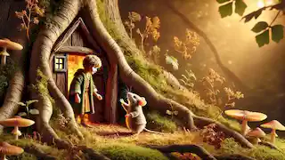 Thumbelina meets a kind field mouse at the entrance of his cozy tree-root home.