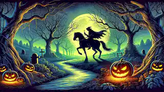 Sleepy Hollow's eerie landscape with a shadowy horseman riding in the night.