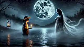 Diego's final confrontation with La Llorona by the river under a full moon, holding a lit candle.