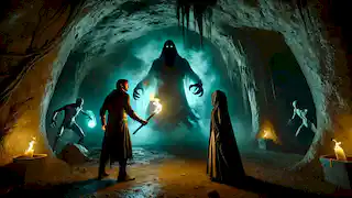 Arman confronts a shadowy specter in the Caverns of Karkas, holding a torch as Yasmin casts protective gestures.