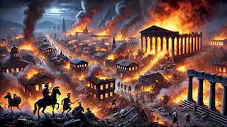 Troy burning after being sacked by the Greeks, marking the end of the war.