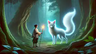 Liang encounters a glowing three-tailed white fox in a mystical forest on Yunlong Mountain.