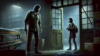 Joel meets Ellie in a dark, rain-soaked warehouse, holding a knife while she stands with a pistol.