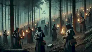 A group of Rosicrucians flee through a dark forest carrying ancient books, while torch-wielding inquisitors pursue them