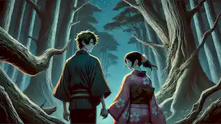 Kage, now fully human, walks hand in hand with Aiko as they leave the forest under the moonlight.