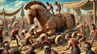 Greek warriors work tirelessly to construct the enormous wooden horse, displaying determination and skill.