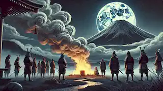 The Emperor's warriors burn the elixir of immortality at the base of Mount Fuji, sending smoke toward the moonlit sky.