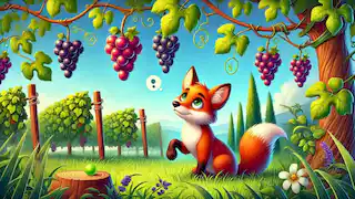 The fox stares at grapes hanging from a vine.