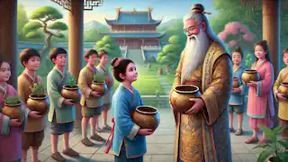 A young girl presents an empty pot to the Emperor, who smiles warmly, recognizing her honesty in the palace courtyard.