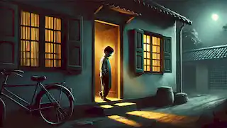 A boy stands at the doorway of his quiet, dimly lit house, reflecting on his disillusionment after the bazaar.