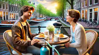 Hazel and Augustus enjoying a romantic meal in an outdoor cafe in Amsterdam, with canals and boats in the background.