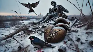 A dead swallow lies next to the broken leaden heart of the Happy Prince in a dust-heap.