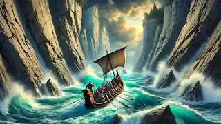  The Argo passes through the deadly Clashing Rocks as Jason leads his crew, navigating turbulent waters and jagged cliffs.