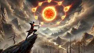 Hou Yi aiming his magical red bow at the nine fiery suns in the sky from a mountain peak.