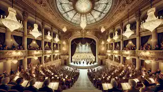 The Manaus Opera House fully restored, hosting a modern grand opera performance with an elegant audience.