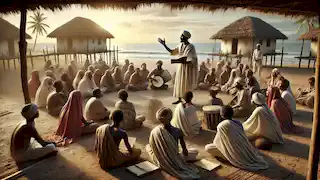 Liongo teaches poetry and music to attentive students in a peaceful coastal village, bathed in warm sunset light.