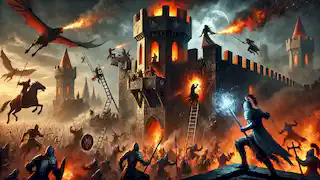 Siege of Eldran Keep with heroes defending against monstrous creatures and flaming projectiles at dawn.