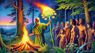 Prometheus shows humans how to use fire in a forest clearing, with a glowing fennel stalk.