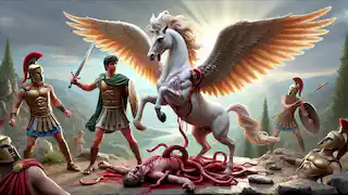 Perseus stands over the defeated Medusa, as Pegasus emerges from her blood, wings spread wide in the sunlight.