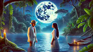  Antonio reveals his true identity to Maria by the moonlit Amazon River, under a full moon's mystical light.