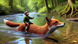 The gingerbread man riding on the fox’s back as they cross a wide, flowing river, surrounded by trees.