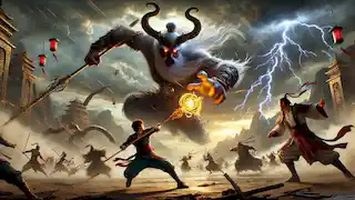 Sun Wukong battles the demon king with his magical staff as his companions fight the demon's army in the background.