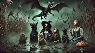 The witch and her friends covered in mud, looking up at a menacing dragon in a dark bog.