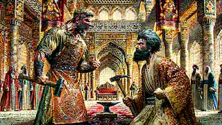 Kaveh confronts King Zahhak in the grand palace hall, holding his leather apron banner.