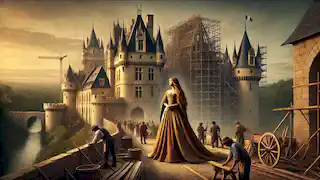 Mélusine, dressed in a regal gown, overseeing the construction of a grand castle in medieval France.