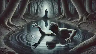 Narcissus reaches toward the water, his reflection rippling in frustration, as Echo watches sadly from the shadows.