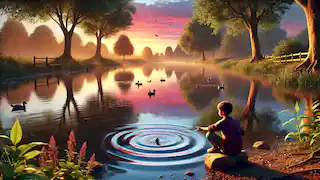 A boy skips a stone across a peaceful pond surrounded by trees at sunset.