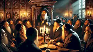 Rabbi Loew and the elders discussing the fate of the golem in a dimly lit synagogue.