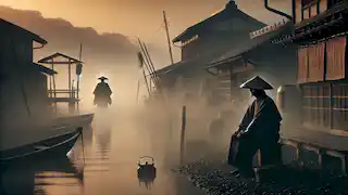 Village elder sitting by the sea at dawn, watching the Nurarihyon walking away into the fog, as the sun begins to rise.