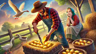 The farmer cutting open a goose to find golden eggs, with his wife watching in dismay.