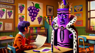 Duncan reading Purple Crayon's letter, surrounded by grapes and royal symbols.