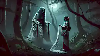 A young girl meets a ghostly yurei in a foggy forest, holding a torn silk ribbon.