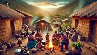 An Aymara family preparing food together in a peaceful modern village scene.