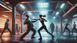 Tris blocks a punch from a larger opponent during Dauntless combat training, with other initiates watching the intense scene.