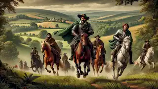 D'Artagnan and the Musketeers ride across the countryside, their capes flowing as they race to retrieve the Queen's jewels.