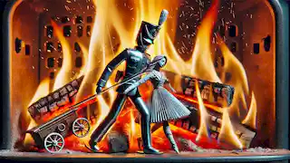 The tin soldier and the paper dancer perishing together in the stove's flames.